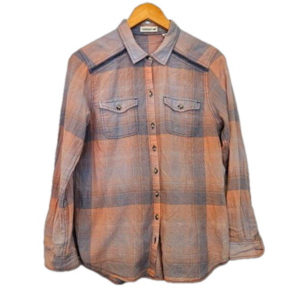 TOAD & Co Airbrush Long Sleeve Deco Shirt Blue Peach Plaid Utility Medium
